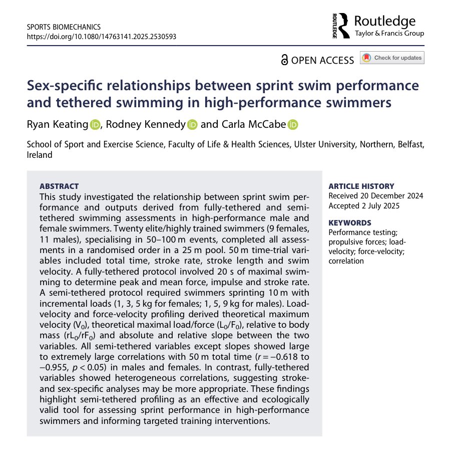 School of Sport & Exercise Science (@ulsterschsport) on Twitter photo 🚨NEW PUBLICATION🚨
Congrats <a href="/CoachRyanKeatin/">Ryan Keating</a> & supervisory team on his 3️⃣rd publication related to his PhD 👏
This study supports the use of semi-tethered profiling as an indicator of sprint 🏊♀️ performance & highlights the importance of sex analysis.
tandfonline.com/doi/epdf/10.10… 🚨NEW PUBLICATION🚨
Congrats <a href="/CoachRyanKeatin/">Ryan Keating</a> & supervisory team on his 3️⃣rd publication related to his PhD 👏
This study supports the use of semi-tethered profiling as an indicator of sprint 🏊♀️ performance & highlights the importance of sex analysis.
tandfonline.com/doi/epdf/10.10…