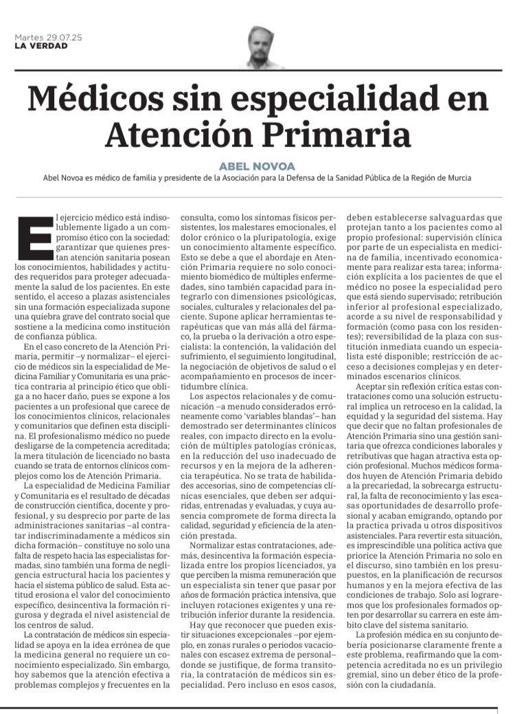 🩺Médicos sin especialidad en Atención Primaria. Un grave problema que necesita salvaguardas para proteger a pacientes y los propios licenciados.

✍🏼<a href="/AbelNovoa/">Abel Novoa</a>, miembro de <a href="/FADSPU/">FADSP</a>