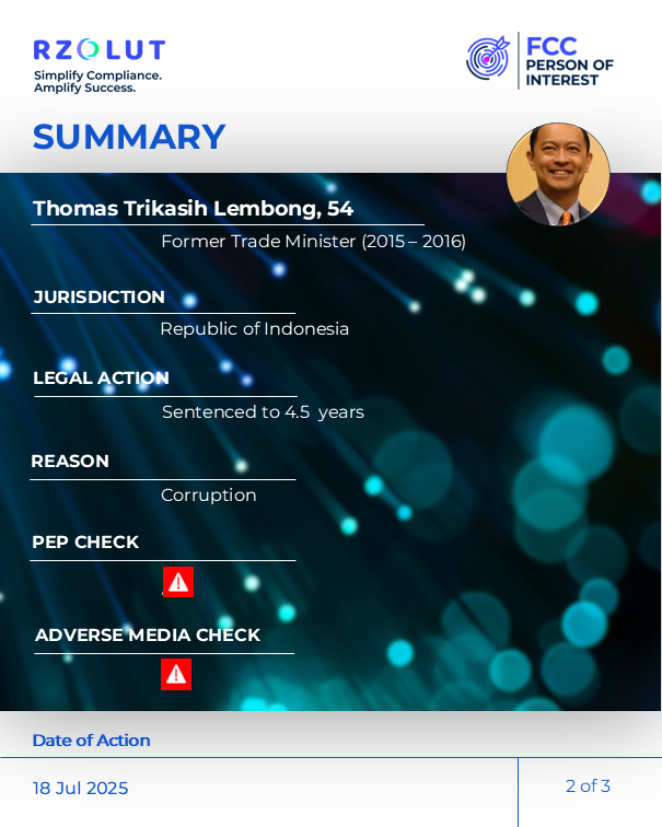 RzolutL's tweet image. On July 18, 2025, former Indonesian Trade Minister Thomas Trikasih Lembong was sentenced to 4.5 years in prison for #corruption. He was convicted of granting sugar import permits to private companies despite country’s surplus production, causing state losses. #pep #adversemedia