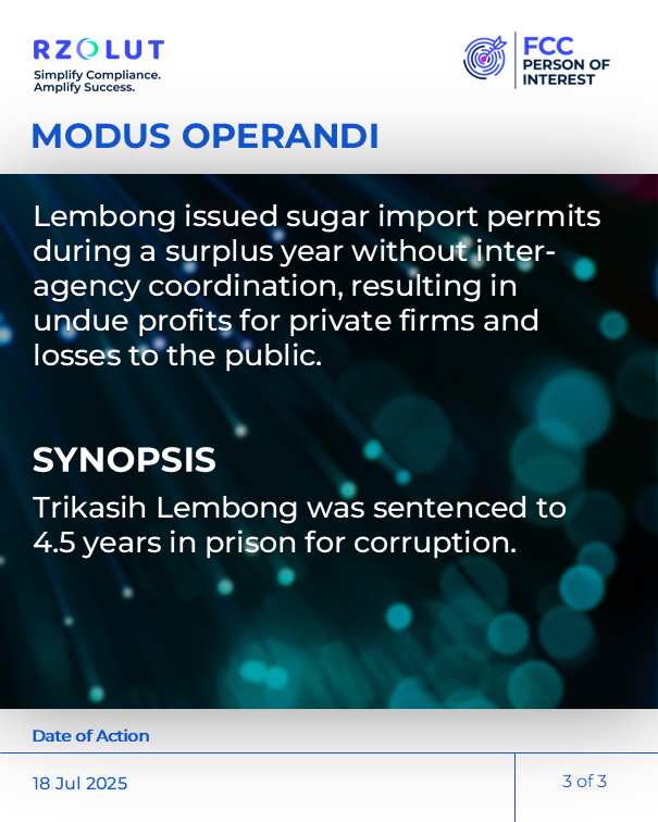 RzolutL's tweet image. On July 18, 2025, former Indonesian Trade Minister Thomas Trikasih Lembong was sentenced to 4.5 years in prison for #corruption. He was convicted of granting sugar import permits to private companies despite country’s surplus production, causing state losses. #pep #adversemedia