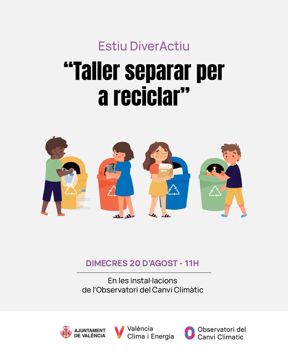 💡Compartim el calendari d'activitats gratuïtes de d'Estiu DiverActiu 2025
👉En l'Observatori del Canvi Climàtic
✅ “Taller separar per a reciclar”. Edat recomanada: A partir de 7 anys
📞961061591
bit.ly/3NZ8ve7