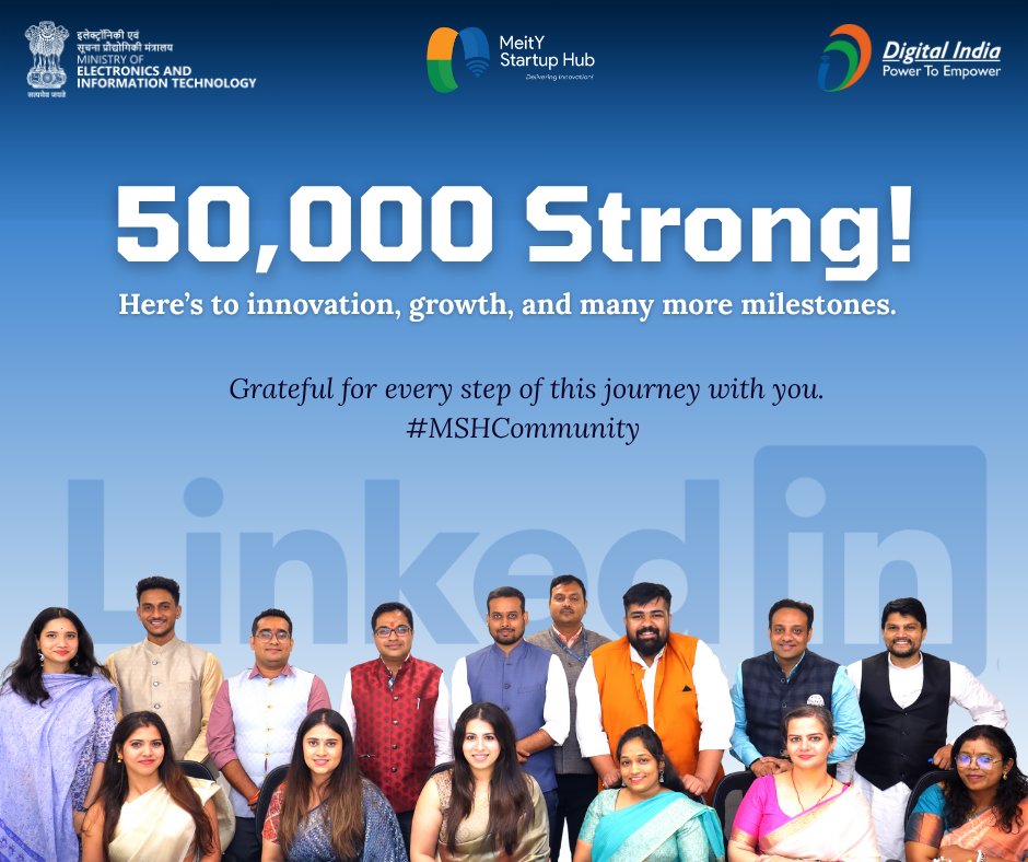 meitystartuphub's tweet image. We just hit 50K!
Your support powers India’s deeptech dream. Thank you for being on this journey with us! 

#ThankYou #MSHMilestone #50000Strong #TeamMSH #MSHCommunity