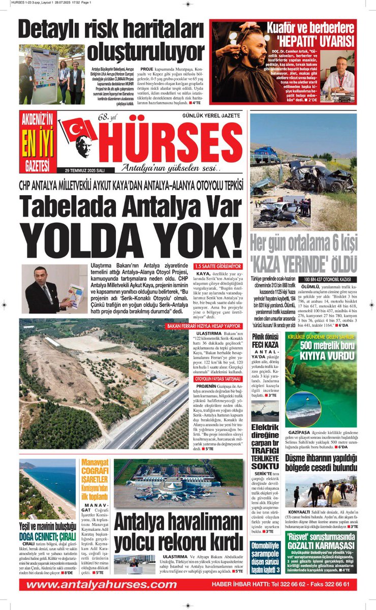 antalyahurses1's tweet photo. Günaydın
#Tabelada var ama yolda Antalya yok @AykutKaya07 
#Risk haritaları detaylandırılıyor
#Kuaförlere hepatit uyarısı
#Hergün 6 kişi kaza yerinde can verdi
Bugün Hürses’te

https://t.co/cjUL6e4Kpr https://t.co/uFFEZ7hzs7