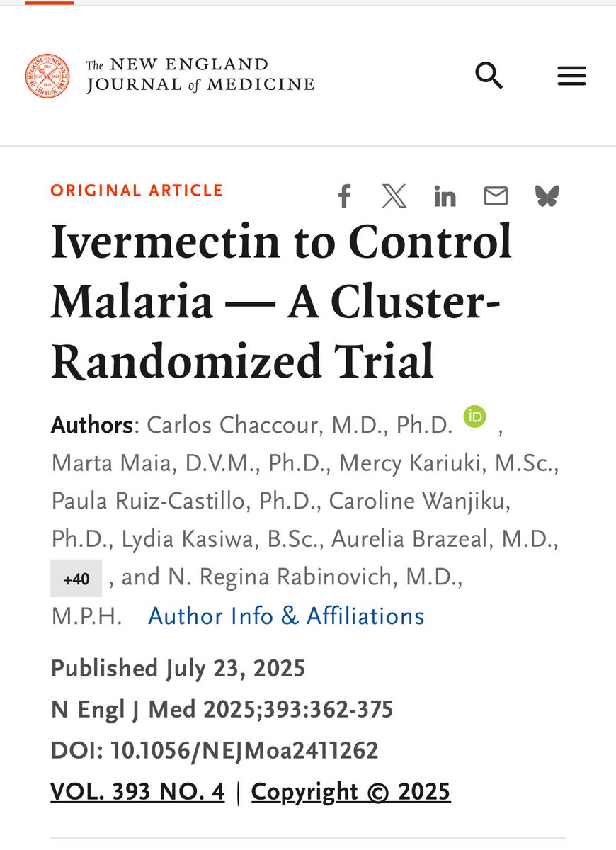 infeccHRUmalaga's tweet image. En @NEJM el uso #IVERMECTINA 1 vez/mes durante 3 meses🆚 #albendazol REDUJO un 26% incidencia de malaria 📉🩸🦟 durante 6 meses en NIÑOS👦🏾👧🏾(5-15 años) en region con alta endemia(Kenia🇰🇪)
⚠️IMPORTANTE dada la ⬆️mortalidad x #malaria en estas regiones
🆓🔗nejm.org/doi/full/10.10…