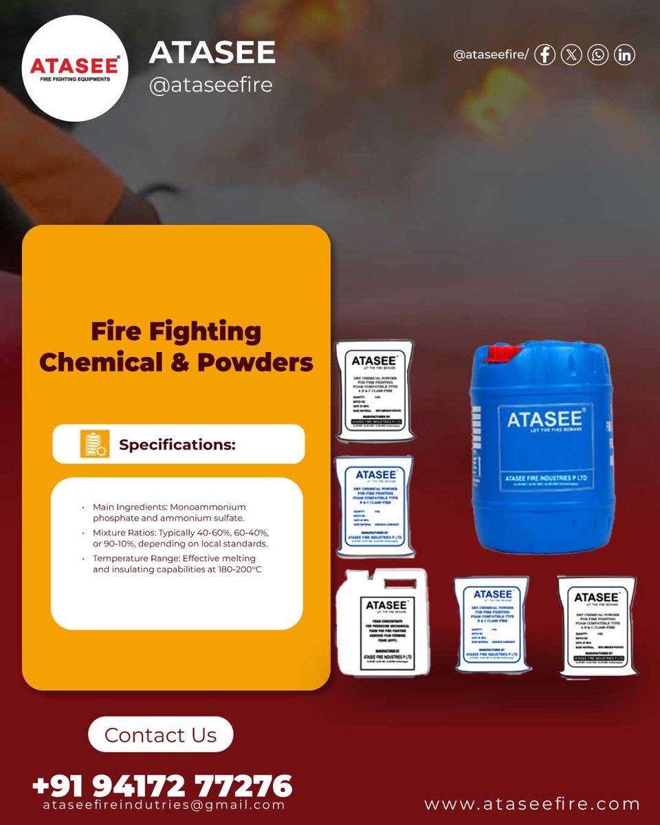 atassefire's tweet photo. Shielding lives with science! 
Firefighting chemicals and powders play a crucial role in quickly controlling and extinguishing fires.

#firefightingchemicals #firepowders #firesafety #drychemicalpowder #abcpowder #cleanagent https://t.co/s9KawBWG6F