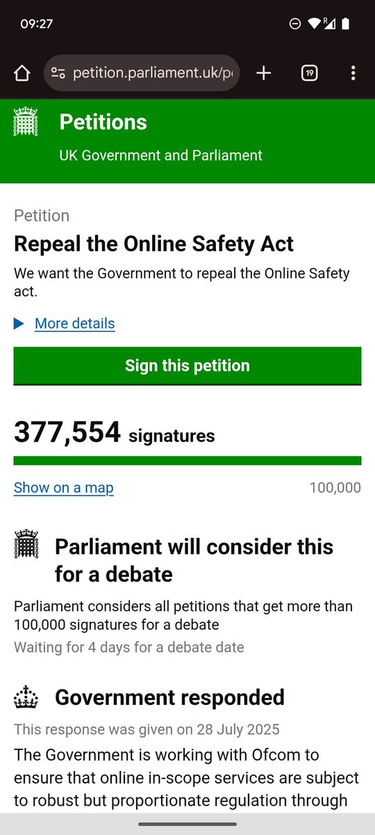 Pretty low behaviour from the government here. You'll see on the left a list of petitions debated in Parliament - most of them have less than half the number of signatures of the latest one opposing the Online 'Safety' Act.

 The government clearly don't have the courage to