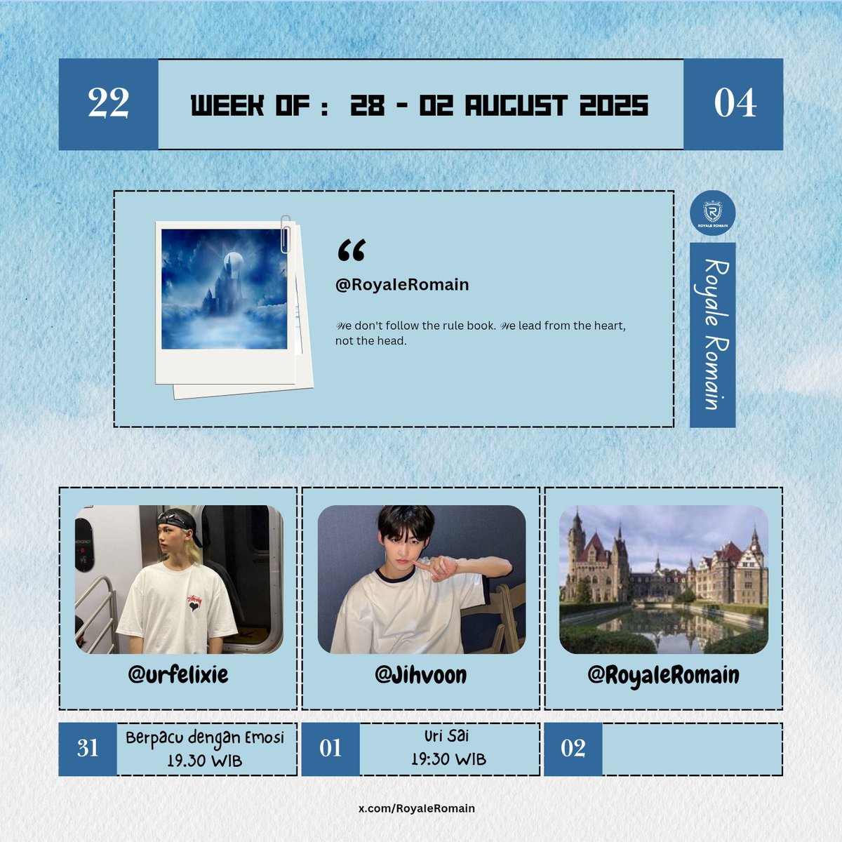 ㅤㅤㅤ
ㅤㅤㅤㅤㅤㅤㅤㅤㅤ 
ㅤㅤㅤ         WEEKLY SCHEDULE

ㅤㅤㅤ───── ⋆⋅☆⋅⋆ ─────

ㅤㅤㅤ