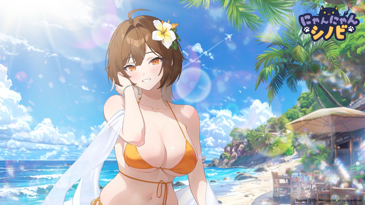 ／
壁紙プレゼント🎁
＼

オレンジ色の水着姿のクロコと太陽のまぶしい日差し…☀️
とてもよい組み合わせだニャー！
ぜひ壁紙に設定して、夏気分を楽しんでほしいのニャ～ฅ^•ω•^ฅ💓

#にゃんにゃんシノビ #ニャンシノ