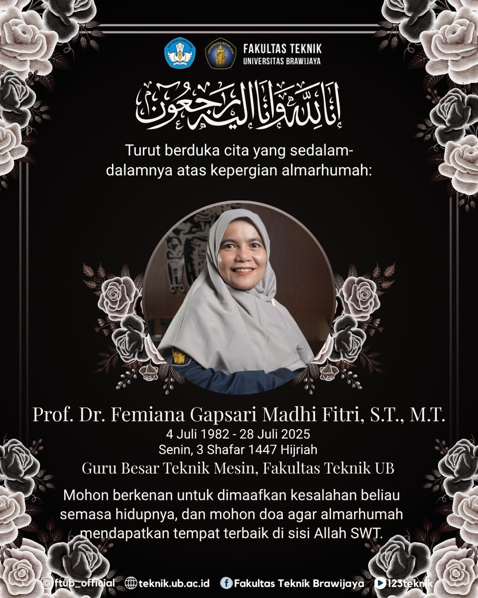 Innalillahi wa inna ilaihi roji’un

Turut berduka cita yang sedalam-dalamnya atas berpulangnya/meninggalnya
Prof. Dr. Ir. Femiana Gapsari Madhi Fitri, ST., MT.
Semoga Allah SWT menerima segala amal ibadah beliau, mengampuni segala khilaf dan dosanya. AminI
