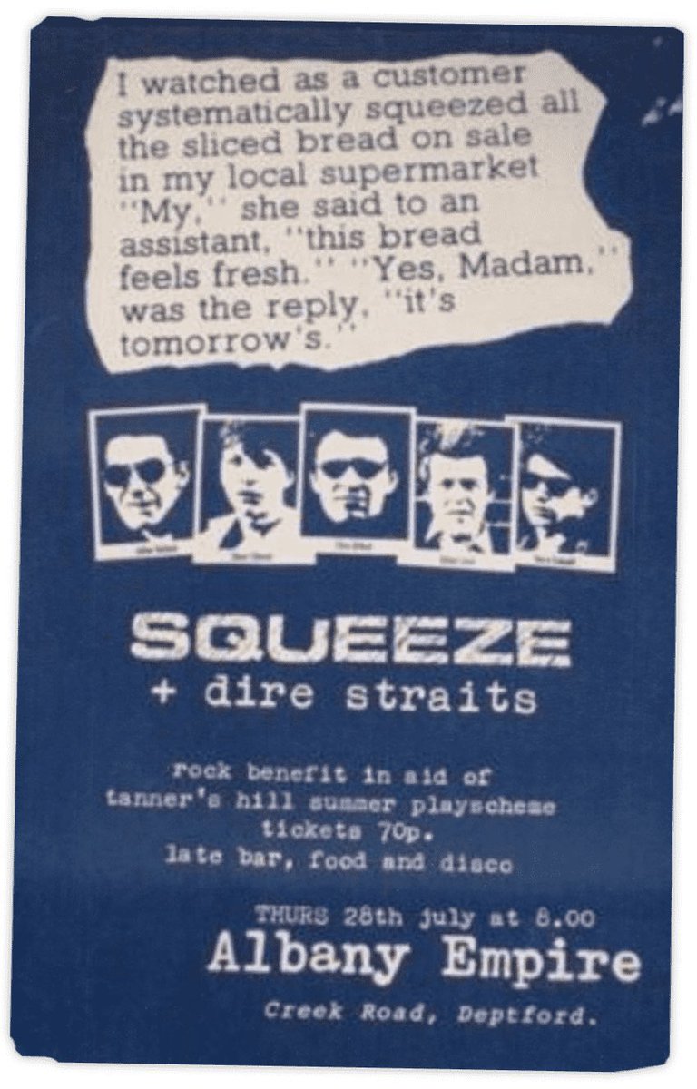 El primer concierto de Dire Straits con ese nombre (habían tocado antes como Café Racers) fue el 28 de julio de 1977 como teloneros de otro grupo de su mismo barrio londinense, Deptford, llamado Squeeze. #direstraits