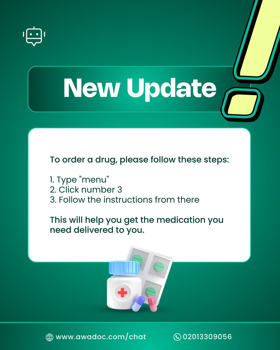 Update: 

You can now order your meds 💊  on AwaDoc and get them delivered to your doorstep - wherever you are, whenever you need them.

No stress, no queues. Just tap, order, and relax.

Start now on WhatsApp awadoc.com/chat