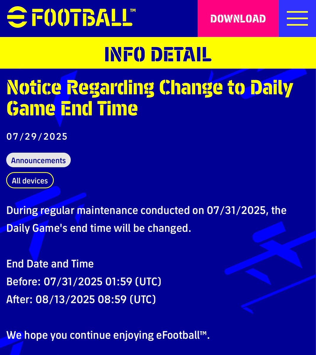 So here is the extension 
No need to use chance deal of daily games  before 31st July Maintenance.

#efootball #eFootball2025