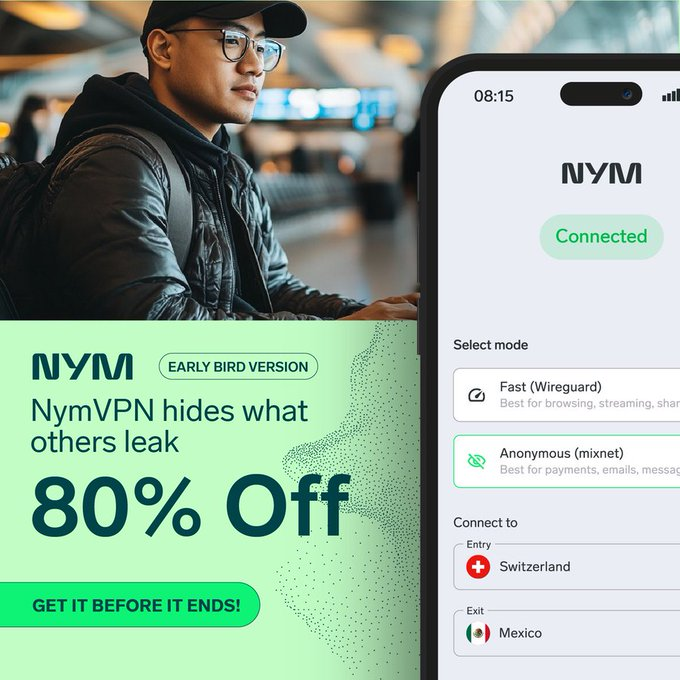 nym's tweet image. 🐣 NymVPN Early Bird
🛡️80% off NymVPN!
💸Only $2.59/month - the lowest it’ll ever be
$USDT $ZEC $LTC $XMR Credit Card and Cash Accepted
nym.com/pricing?mtm_ca…