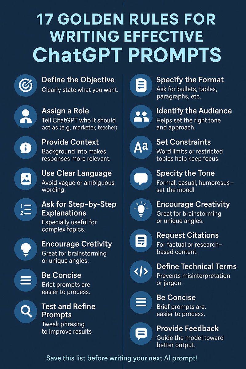 17 Golden Rules for Writing Effective ChatGPT Prompts

After testing hundreds of conversations, I’ve distilled the 17 Golden Rules for Writing Effective ChatGPT Prompts into one actionable infographic.

newsziinewsletter.beehiiv.com/subscribe

#AI #ChatGPT #PromptEngineering #ProductivityTools