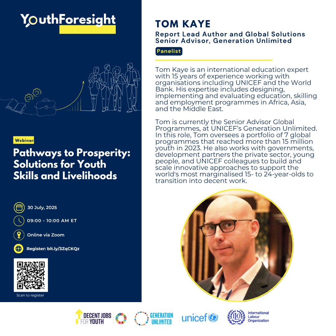 👤 Tom Kaye
Report Lead Author &amp; Global Solutions Senior Advisor @GenUnlimited
Leads global programmes connecting 15M+ youth to skilling and decent work.

🗓️ Register now bit.ly/4ldp18t