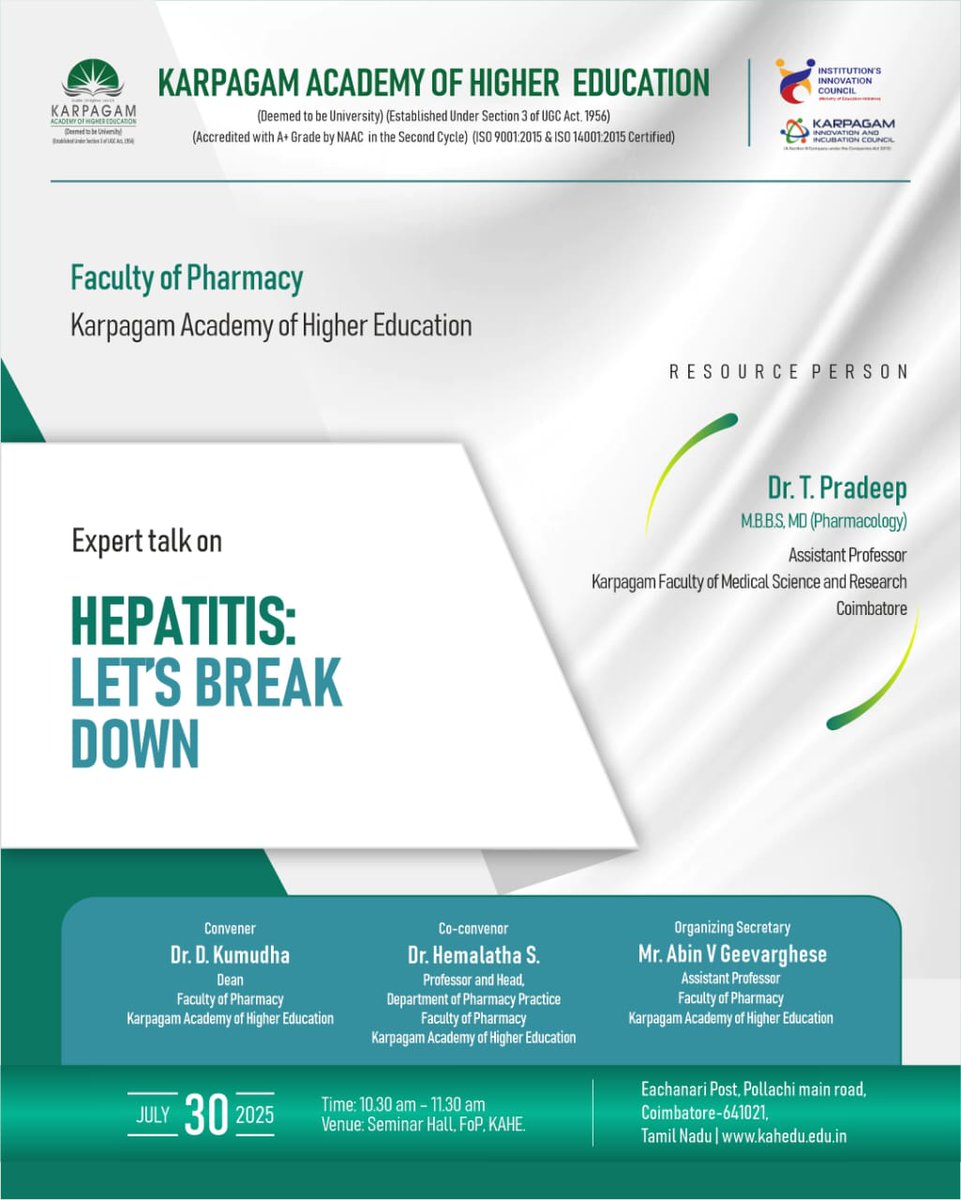 wekaheians's tweet image. Learn about Hepatitis! Our Faculty of Pharmacy is hosting an expert talk: "Hepatitis: Let's Break Down" on July 30th, 10:30 AM (Seminar Hall). Dr. T. Pradeep (Karpagam Faculty of Medical Science) is the guest speaker. All students are invited to gain valuable medical knowledge!