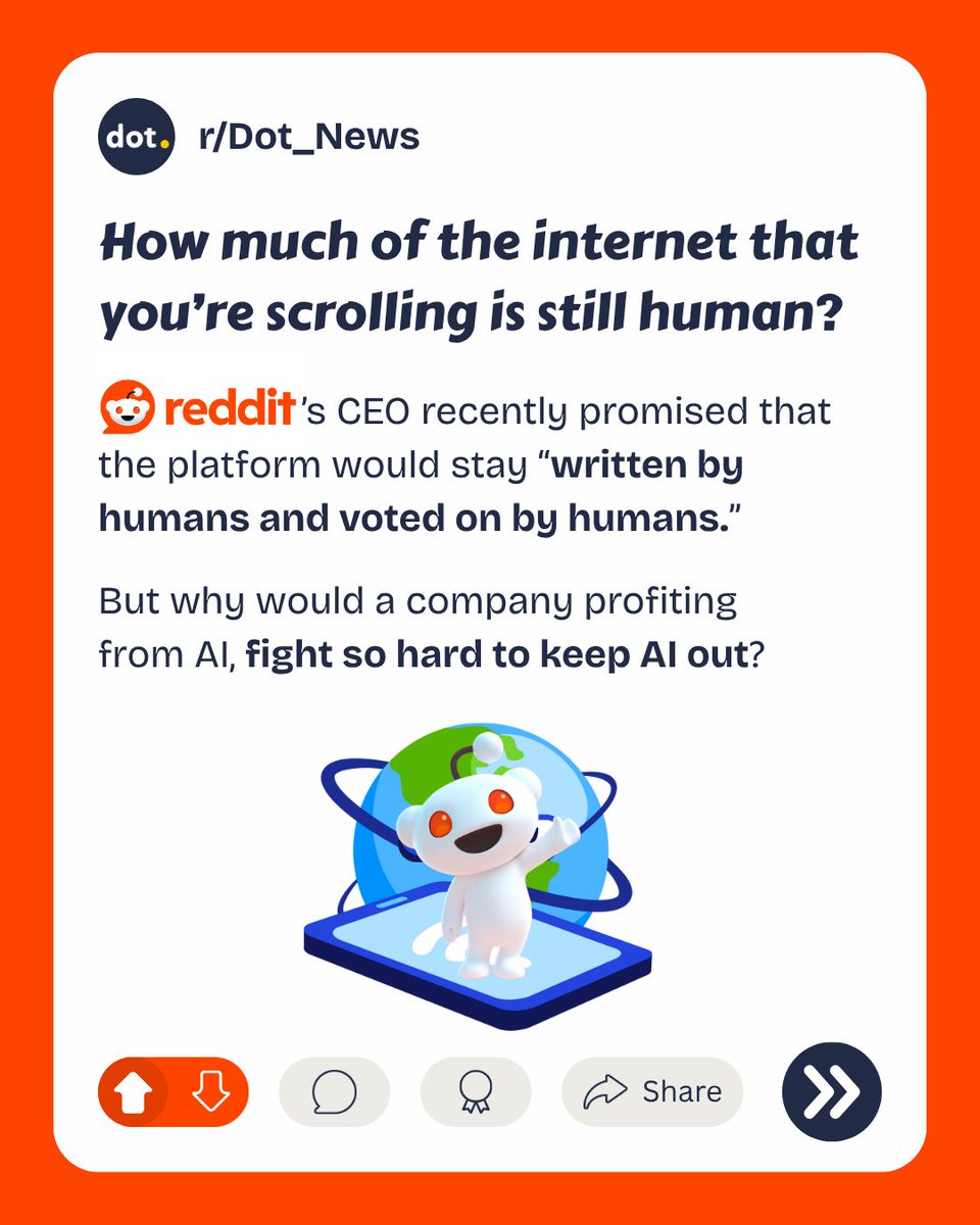 www_dot_news's tweet photo. Reddit’s CEO recently pledged that the site “will remain written by humans and voted on by humans.” And we found that statement to be really intriguing.

1/n

#DotExplains #Reddit #WhyItMatters https://t.co/XULQ0odh46