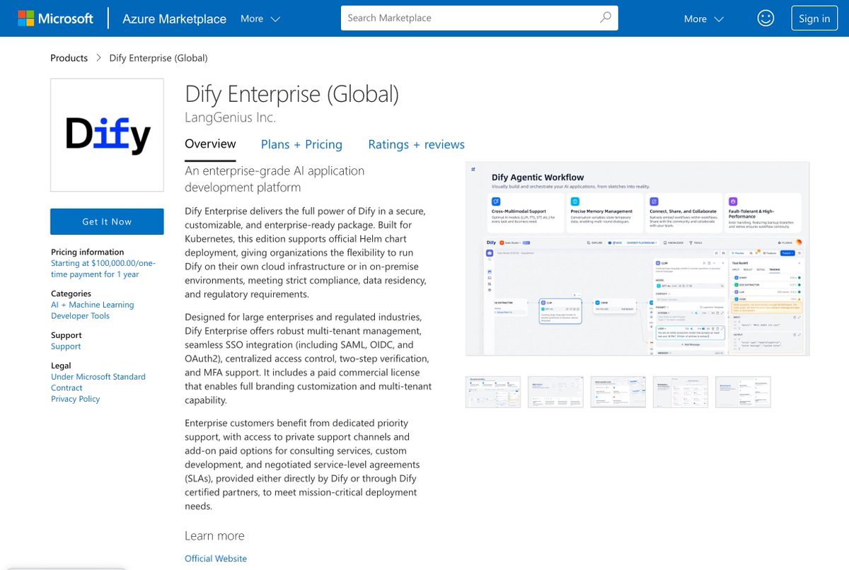 💼 Dify Enterprise is now available in the Microsoft Azure Marketplace! 

For Azure users, this means simplified procurement and billing when building AI applications with Dify. Enterprise features include SSO integration, multi-tenant management, and flexible deployment options