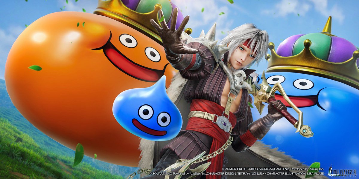 capitalolvidada's tweet image. Imagen de la colaboración de #FF7EC x #DragonQuest Tact en la que vemos al joven Sefirot ataviado de Psaro, el villano de #DQ4, rodeado de limos.