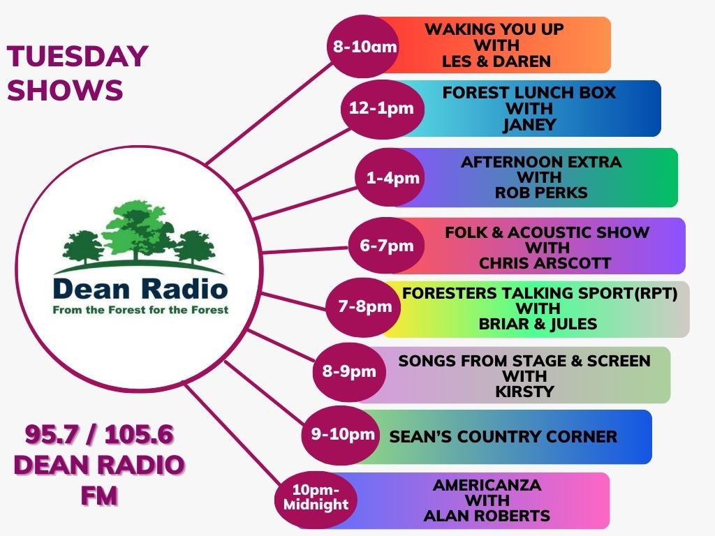 It's Tuesday on Dean Radio and this morning Clive sits in for Daren and Les on Breakfast 8-10am.

We've then got the best of Dean Radio tunes to keep you moving and grooving until the Forest Lunch Box at midday, followed swiftly by Rob Perks and Afternoon Extra! ☕️