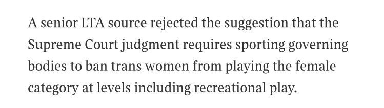 SEENinSport (@sportseenuk) on Twitter photo 🧵<a href="/the_LTA/">LTA</a> were in <a href="/thetimes/">The Times and The Sunday Times</a> justifying their two-tier fairness policy. Here’s why we think it’s unlawful;
Nowhere in the Supreme Court ruling or Equality Act does it state that there is a "level" below which males (however they identify) can be included in the female category. 🧵<a href="/the_LTA/">LTA</a> were in <a href="/thetimes/">The Times and The Sunday Times</a> justifying their two-tier fairness policy. Here’s why we think it’s unlawful;
Nowhere in the Supreme Court ruling or Equality Act does it state that there is a "level" below which males (however they identify) can be included in the female category.