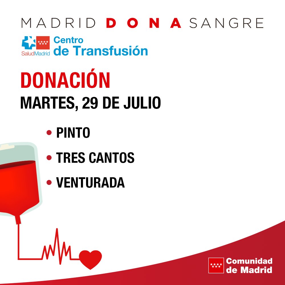 👉 Pinto, Tres Cantos y Venturada acogen hoy a las unidades móviles de donación de la Comunidad de Madrid y Cruz Roja. ¿Te animas?

❤ #donarsangre #salvavidas

📱 Consulta los horarios y direcciones en c.madrid/donasangre