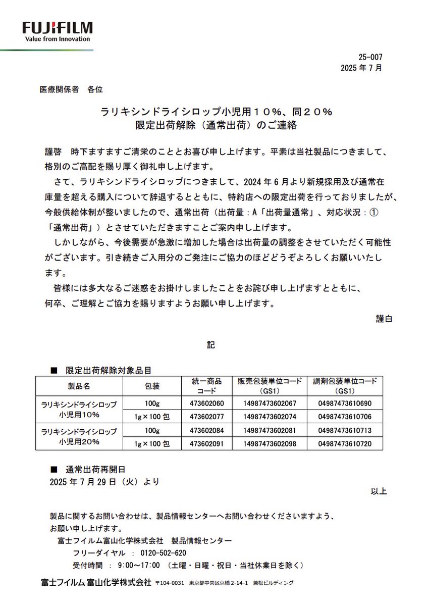 DSJP_info's tweet image. 2025年7月29日
富士フィルム富山化学
ラリキシンドライシロップ小児用10%、20%限定出荷解除のご連絡
asset-hc.fujifilm.com/hc/fftc/files/…