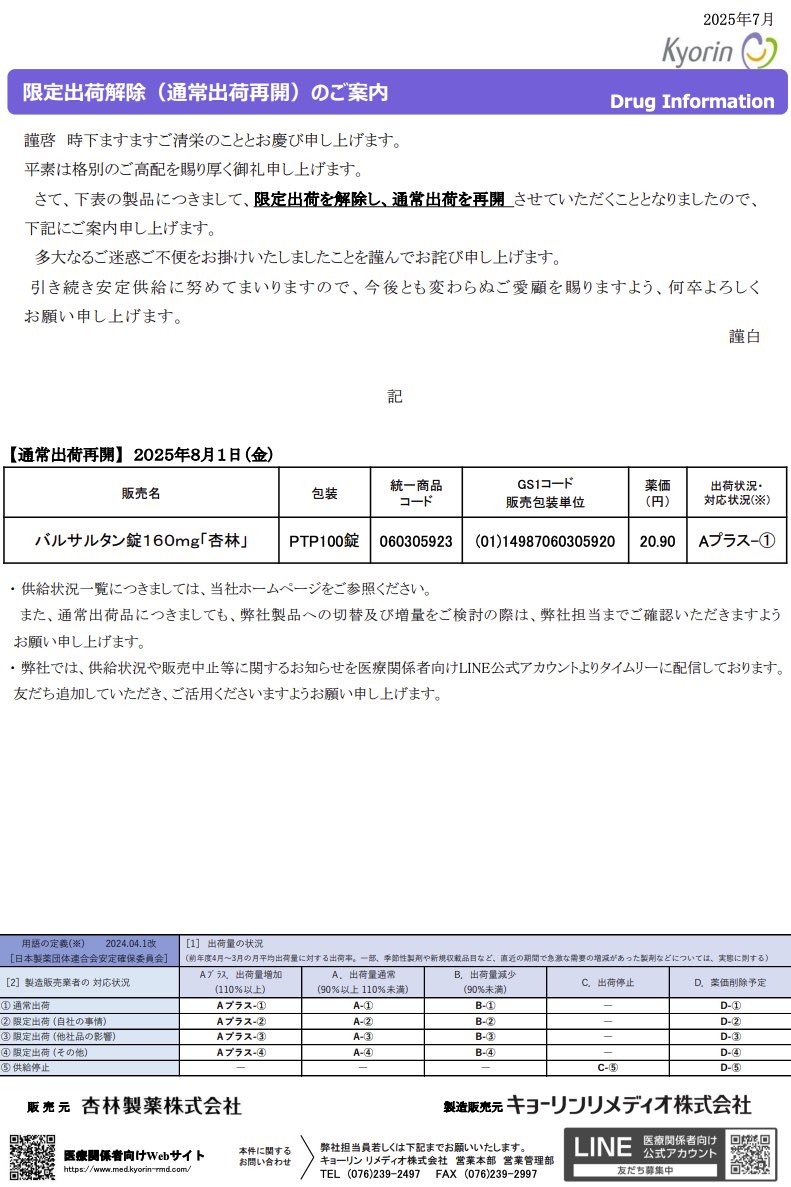 DSJP_info's tweet image. 2025年7月29日
キョーリンリメディオ
【限定出荷解除(通常出荷再開)のご案内】バルサルタン錠160mg「杏林」
med.kyorin-rmd.com/news/pdf/2025/…