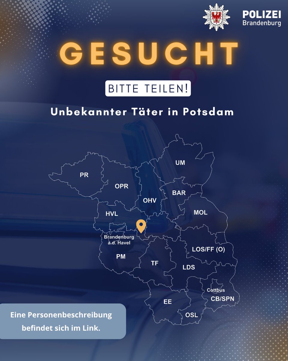 PolizeiBB's tweet image. #Fahndung
Wir bitten um Unterstützung bei der Suche nach einem unbekannten Tatverdächtigen! Der Gesuchte hat am 17.07.2025 in #Potsdam einen Mann niedergeschlagen.
Hinweise an ☎️ 0331 5508-0
Weitere Infos: polizei.brandenburg.de/fahndung/krimi…
Teilen Sie keine Hinweise über soziale Medien.