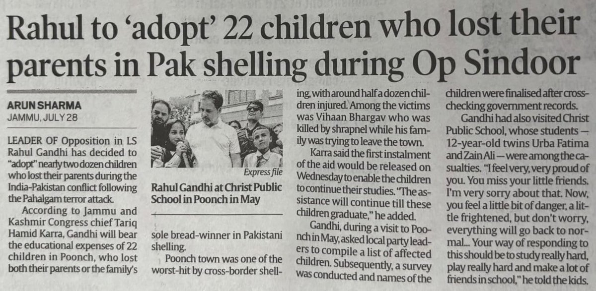 ola_ramswroop's tweet image. In a world where many turn away from pain, Shri @RahulGandhi ji has embraced it with compassion.
By adopting 22 children orphaned in the Poonch shelling and taking full responsibility for their education, he hasn’t just extended help — he’s given them hope, dignity, and a…