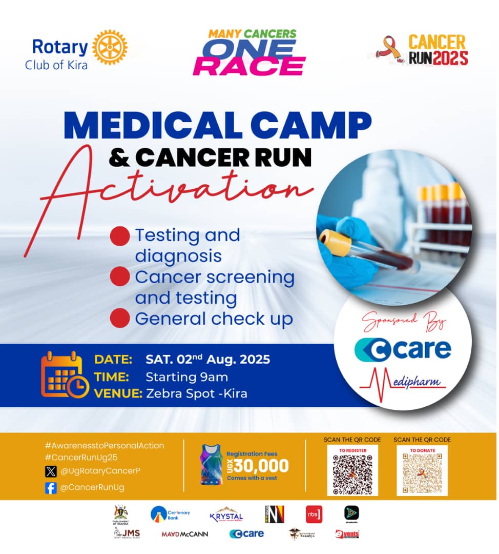 Rotary Club of Kira (@rckira1) on Twitter photo 🚨 Cancer Run Activation & Medical Camp! 🚨
Join us this Saturday, 2nd August 2025 at Zebra Spot – Kira for free cancer screening, diagnosis, and general health checks.
Let’s raise awareness — early detection saves lives.
⏰ 9:00 AM
#RotaryEyamba #RotaryCancerRun25 🚨 Cancer Run Activation & Medical Camp! 🚨
Join us this Saturday, 2nd August 2025 at Zebra Spot – Kira for free cancer screening, diagnosis, and general health checks.
Let’s raise awareness — early detection saves lives.
⏰ 9:00 AM
#RotaryEyamba #RotaryCancerRun25