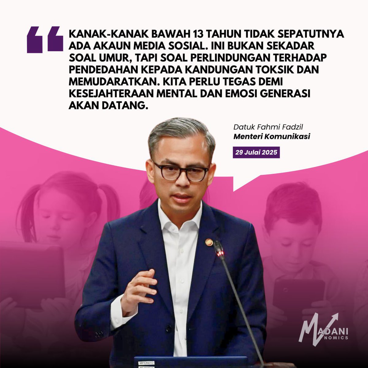 MadaniNomics π²πΎ (@madaninomics) on Twitter photo MNNews π Fahmi: Akaun Media Sosial Tak Wajar untuk Kanak-Kanak Bawah 13 Tahun
<a href="/komunikasi_gov/">Kementerian Komunikasi</a> kini sedang meneliti cadangan untuk tidak membenarkan kanak-kanak bawah usia 13 tahun mempunyai akaun media sosial. Menteri Komunikasi, Datuk <a href="/fahmi_fadzil/">Fahmi Fadzil π²πΎ</a> berkata langkah ini perlu MNNews π Fahmi: Akaun Media Sosial Tak Wajar untuk Kanak-Kanak Bawah 13 Tahun
<a href="/komunikasi_gov/">Kementerian Komunikasi</a> kini sedang meneliti cadangan untuk tidak membenarkan kanak-kanak bawah usia 13 tahun mempunyai akaun media sosial. Menteri Komunikasi, Datuk <a href="/fahmi_fadzil/">Fahmi Fadzil π²πΎ</a> berkata langkah ini perlu