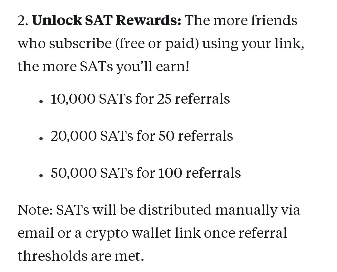 bitcoin21orange's tweet image. Earn up 100,000 SATs by Inviting your friends to subscribe to BITCOIN 21 (🟠) ORANGE Newsletter.
Start Earning Now !
👉 bitcoin21orange.substack.com/p/earn-sats-by…
The more Friends you invite is the more SATs you earn 🌽