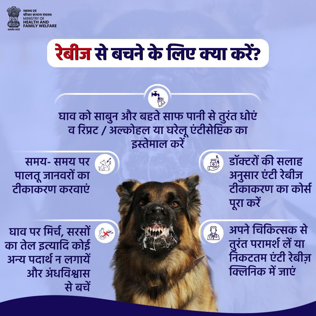 #RabiesPrevention | रेबीज़ से सुरक्षा आपके हाथ में है! 🐾

कुत्ते या किसी भी जानवर के काटने पर:

✅ तुरंत घाव को साबुन और पानी से अच्छी तरह धोएं
❌ झोलाछाप इलाज से बचें
💉 डॉक्टर से सलाह लेकर एंटी रेबीज़ वैक्सीन ज़रूर लगवाएं

🐶 अपने पालतू जानवरों का समय पर टीकाकरण कराएं — यही