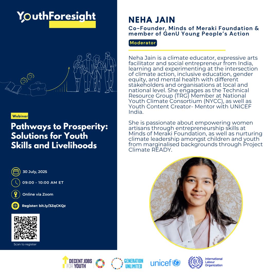 DecentJobsforYouth (@decentjobsyouth) on Twitter photo 👤 Neha Jain
Co-Founder of Minds of Meraki & member of <a href="/GenUnlimited_/">Generation Unlimited</a> Young People’s Action.
Advocates inclusive education, climate justice and women’s empowerment.
🗓️ Register now bit.ly/4ldp18t 👤 Neha Jain
Co-Founder of Minds of Meraki & member of <a href="/GenUnlimited_/">Generation Unlimited</a> Young People’s Action.
Advocates inclusive education, climate justice and women’s empowerment.
🗓️ Register now bit.ly/4ldp18t