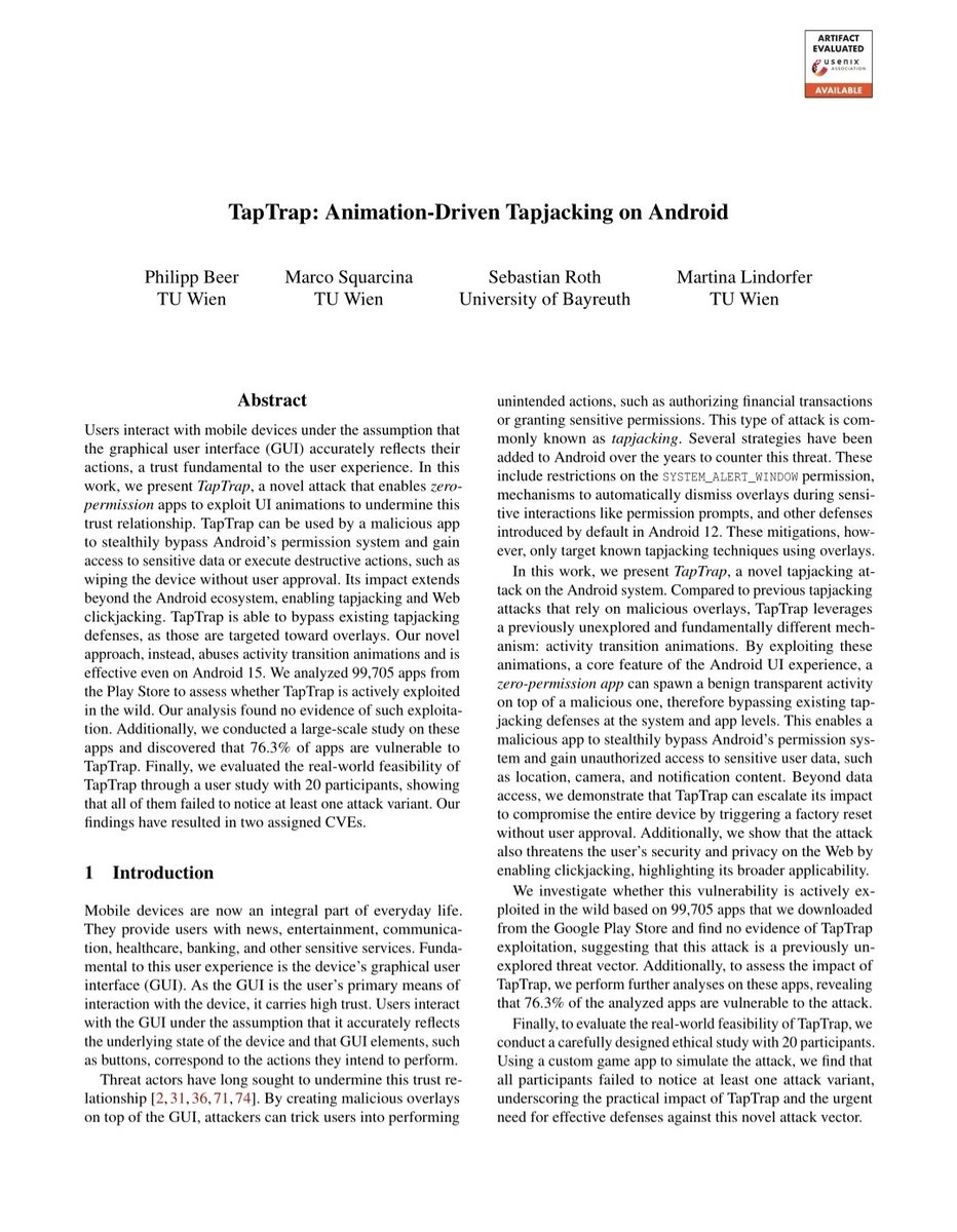 Ahmet Göker🇹🇷🇳🇱 (@_shadowintel_) on Twitter photo Android'de Yeni Keşfedilen Kritik Güvenlik Açığı
TapTrap Nedir?
TapTrap, Android'de kötü niyetli bir uygulamanın animasyon kullanarak sizi ekrana dokunmaya kandırdığı ve rızanız olmadan istemediğiniz eylemleri gerçekleştirmenize neden olan yeni bir saldırı türüdür. 
Nasıl Android'de Yeni Keşfedilen Kritik Güvenlik Açığı
TapTrap Nedir?
TapTrap, Android'de kötü niyetli bir uygulamanın animasyon kullanarak sizi ekrana dokunmaya kandırdığı ve rızanız olmadan istemediğiniz eylemleri gerçekleştirmenize neden olan yeni bir saldırı türüdür. 
Nasıl