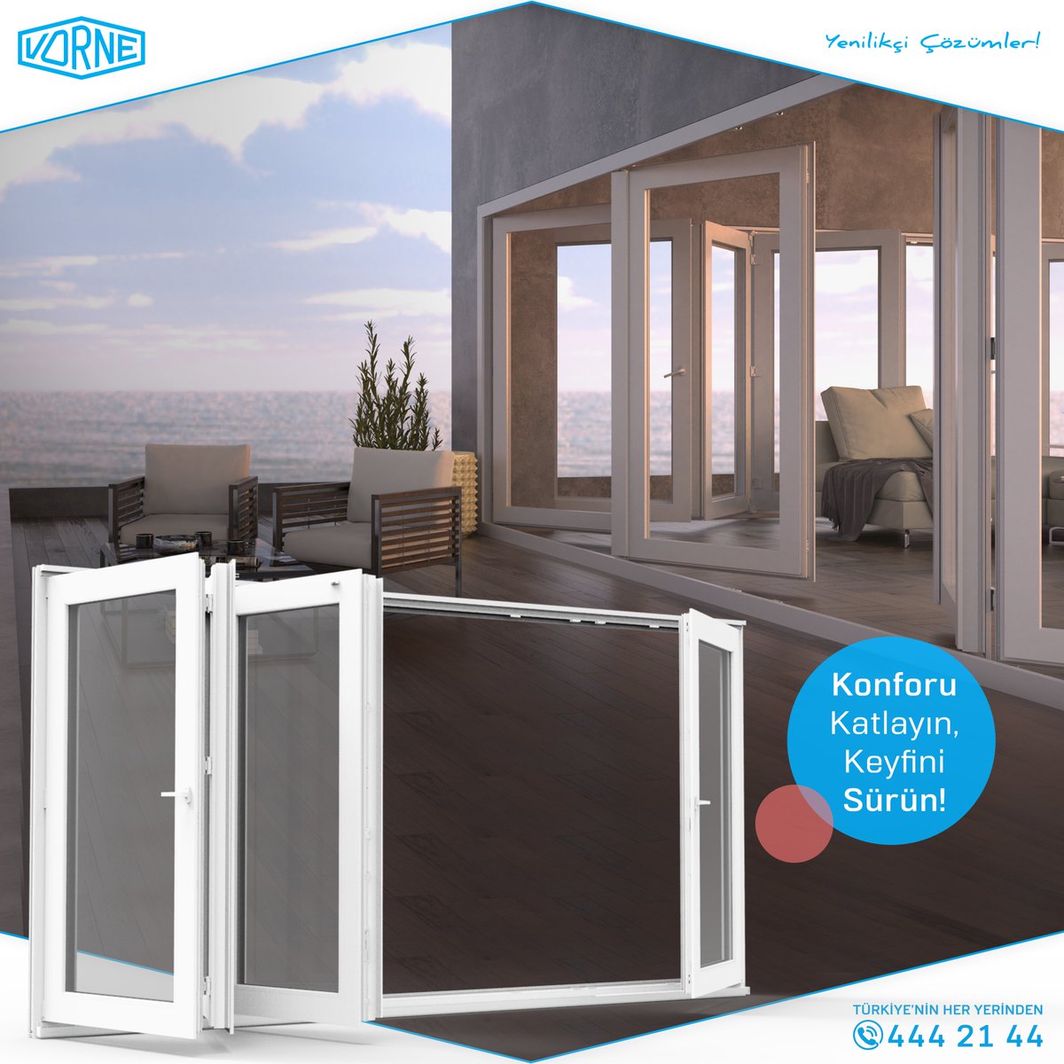 Geniş açılımıyla yaşam alanlarınıza ferahlık katan VORNE Katlanır Sürme Sistemi, etkileyici manzara keyfini odanızın her yerinden görünür kılıyor...
Mekanlarda önemli ölçüde yer tasarrufu sağlayan sistem, doğal ışığın içeriye girmesine izin vererek benzersiz bir atmosfer yaratır