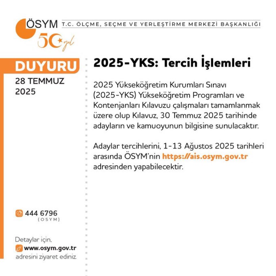 📢 "2025-YKS: Tercih İşlemleri" duyurusu yayımlandı.

osym.gov.tr/TR,33371/2025-…

<a href="/tcmeb/">Millî Eğitim Bakanlığı</a> <a href="/Yusuf__Tekin/">Yusuf Tekin</a> <a href="/batmanvaliligi/">Batman Valiliği</a> <a href="/yasarciger/">yasar ciğer</a>