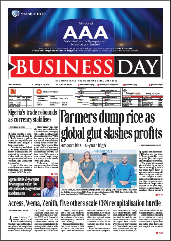 BusinessDayNg's tweet image. Front Page Today:

Farmers dump rice as global glut slashes profits

Access, Wema, Zenith, five others scale CBN recapitalisation hurdle

Visit businessday.ng to read more.