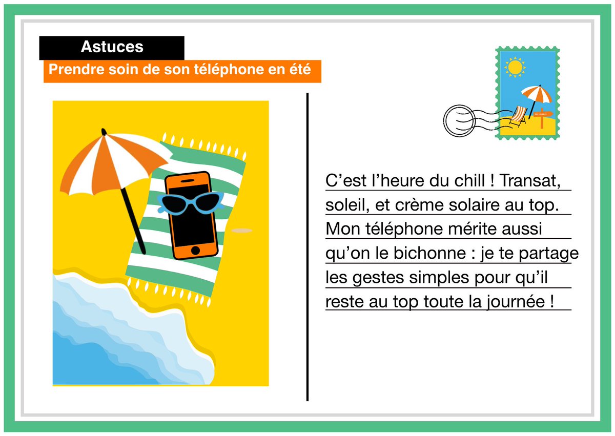 [ CARTE POSTALE 📬]

🌡️ Eté = thermomètre qui grimpe !

📱 Soleil, sable, et eau salée… c’est le (seul) cocktail à éviter si on veut préserver son téléphone tout l’été. 🏖️

Voici les bonnes pratiques : 👉 oran.ge/40oKGC4👈