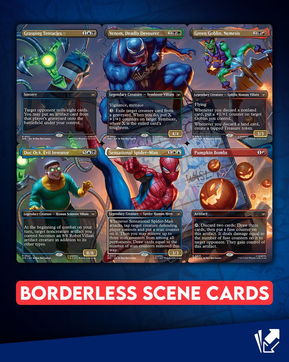 Cardmarket-Magic (@cardmarketmagic) on Twitter photo ๐ธ๏ธ The Spider-Man x MTG hype is real! โจ
From Comic Book Panel Sagas to 6 Stunning Borderless Scene Cards that connect into one epic battle featuring Spidey, Venom, Doc Ock, and Green Goblin ๐ฅ
Which reveal stole the show for you this past weekend? ๐
#MTGxSpiderMan #SpiderMan ๐ธ๏ธ The Spider-Man x MTG hype is real! โจ
From Comic Book Panel Sagas to 6 Stunning Borderless Scene Cards that connect into one epic battle featuring Spidey, Venom, Doc Ock, and Green Goblin ๐ฅ
Which reveal stole the show for you this past weekend? ๐
#MTGxSpiderMan #SpiderMan