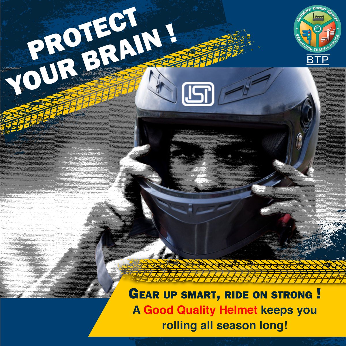 Style is replaceable, your life isn’t!An ISI-marked helmet isn’t just gear—it’s your life saver on two wheels.Ride smart. Ride safe. Wear it right!

#helmet #RideSafe #WearHelmet #ISIMarkedHelmet #HelmetSavesLives #TwoWheelerSafety #weserveweprotect #BTP #BengaluruPolice
