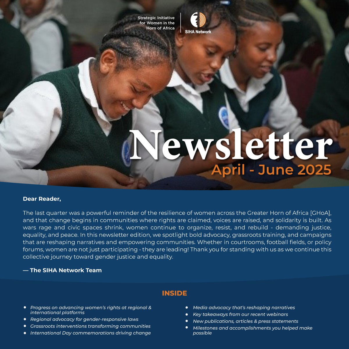 SIHA Network (@sihanet) on Twitter photo 📰 Our latest newsletter is here!
🔗  Get inspired by accounts of how women and girls across the Greater Horn of Africa are resisting, rebuilding, and redefining power amid conflict and shrinking civic space: mailchi.mp/961a85edb488/e…
---------------
<a href="/SOAWR/">SOAWR</a>  <a href="/woman_kind/">Womankind Worldwide</a> 📰 Our latest newsletter is here!
🔗  Get inspired by accounts of how women and girls across the Greater Horn of Africa are resisting, rebuilding, and redefining power amid conflict and shrinking civic space: mailchi.mp/961a85edb488/e…
---------------
<a href="/SOAWR/">SOAWR</a>  <a href="/woman_kind/">Womankind Worldwide</a>