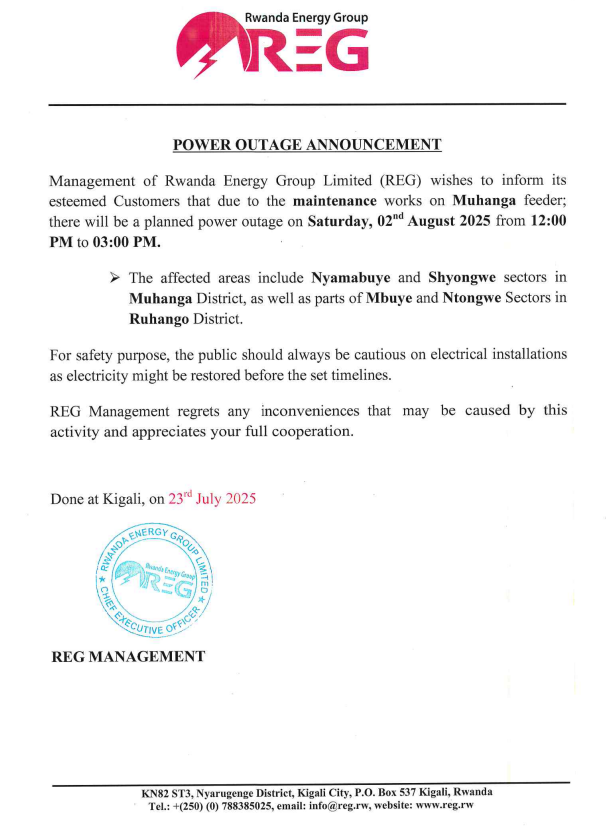 reg_rwanda's tweet photo. #Power_Outage_Alert
On 02nd August, 2025 there is a planned power outage in @Muhangadis & @RuhangoDistrict.
Please plan accordingly to avoid interruption.
#Ibura_Ryumuriro
Tariki ya 02/08/2025 hateganyijwe ibura ry'umuriro mu bice bya @Muhangadis & @RuhangoDistrict.
Murakoze.