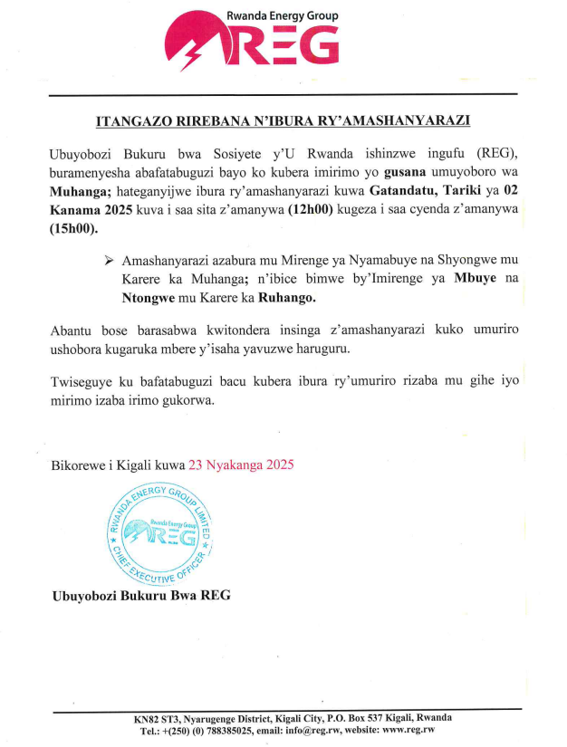 reg_rwanda's tweet photo. #Power_Outage_Alert
On 02nd August, 2025 there is a planned power outage in @Muhangadis & @RuhangoDistrict.
Please plan accordingly to avoid interruption.
#Ibura_Ryumuriro
Tariki ya 02/08/2025 hateganyijwe ibura ry'umuriro mu bice bya @Muhangadis & @RuhangoDistrict.
Murakoze.