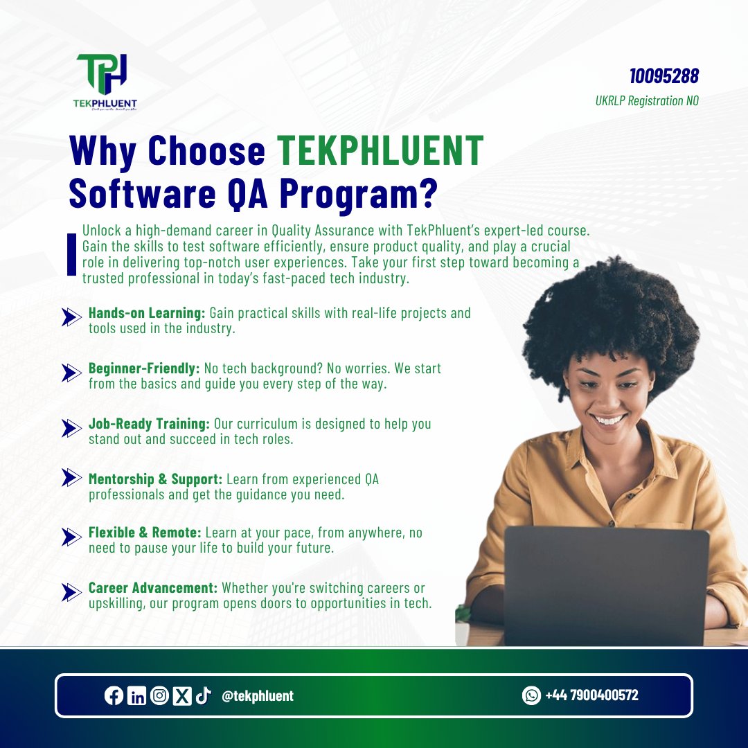 tekphluent's tweet image. Launch your tech career without coding!
Learn Software QA at TekPhluent—beginner-friendly, hands-on, job-ready.
Your future in tech starts here!

#TekPhluent #SoftwareQA #TechTraining #BBNaija $CHERRY #BigBrotherNaija Super Falcons Sanchez
