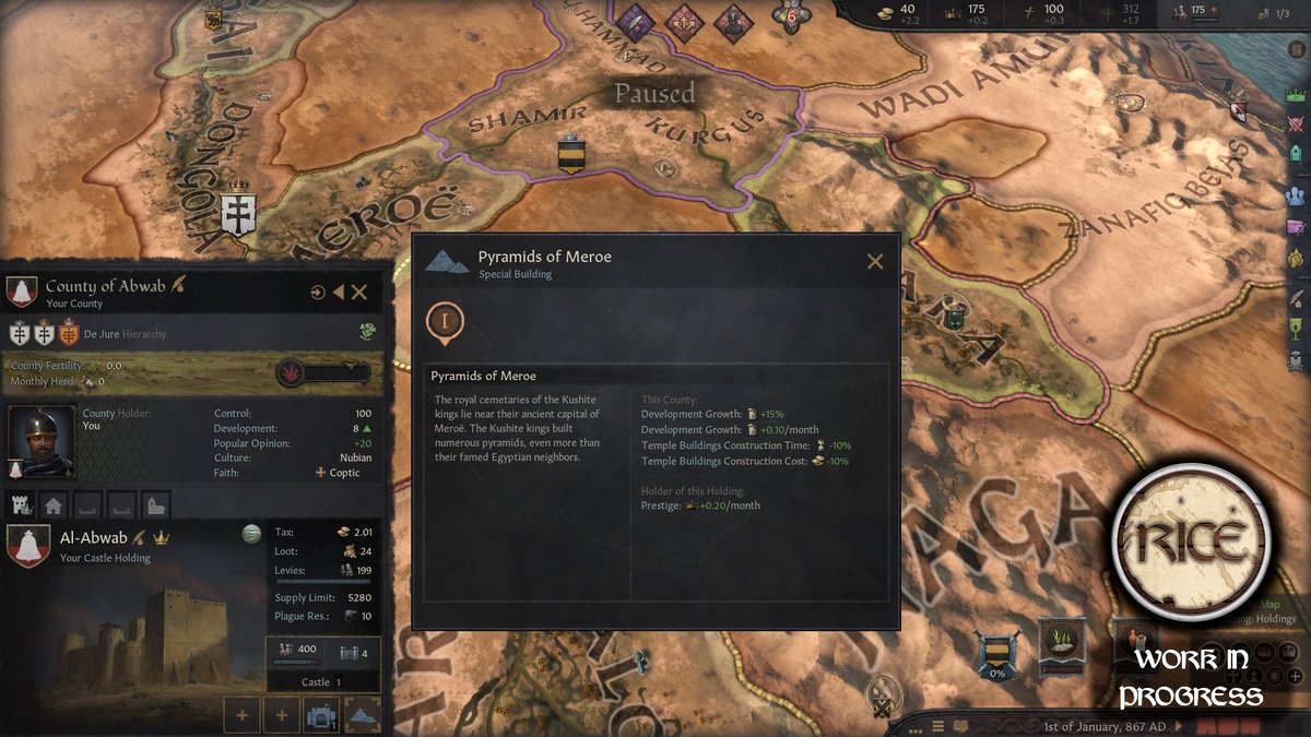 📐Nubia Flavor Pack Preview #13📐

Though more previews are planned, Clue 13 for RICE's upcoming Nubia update is the last preview related to the teasers. Anyhow, Clue 13 was about the Nubian Pyramids of Meroe, which were built as late as the 4th cent.

#CK3 #CK3Mod #CrusaderKings