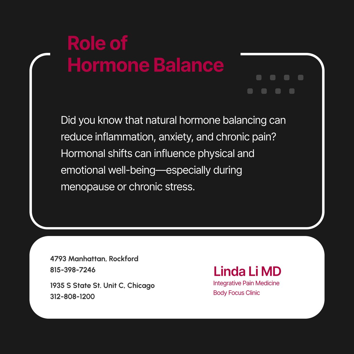 Integrativempc's tweet photo. Natural hormone therapies can improve energy, mood, and pain. Discover how balanced hormones support healing and wellness. Speak to us about your options. 

#ChicagoIL #MedicalPainClinic #HormoneHealth #StressRelief #PainManagement https://t.co/ikiHQdoG7u