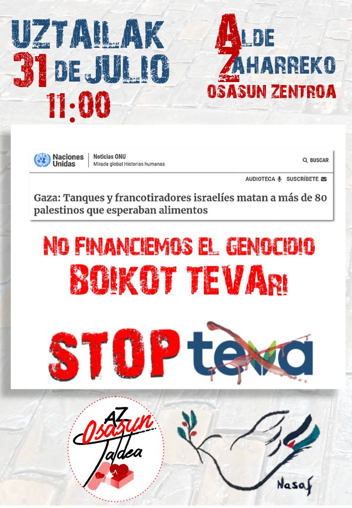 Cita presencial en el CS de #AldeZaharra el jueves 31 a las 11:00. No financiemos el #Genocidio
#Palestina-ren alde eta sionismoaren aurka!
