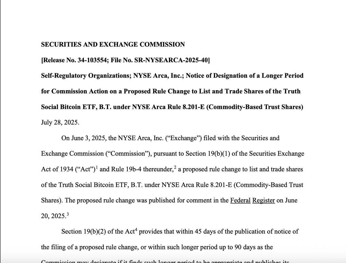 🚨BREAKING:

The SEC has delayed its decision on President Trump's Truth Social #Bitcoin  ETF listing.

New listing date has been set for September 18,2025.